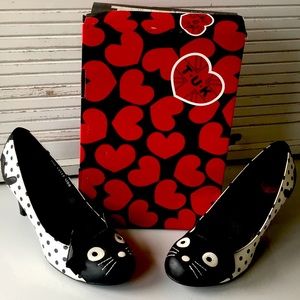 TUK Cat shoes…like new Black and white polka dots. Meow!! With box